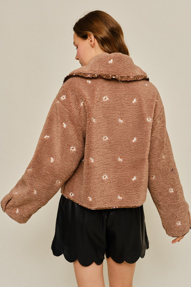 Contrast Cuff Sherpa Button Up Jacket