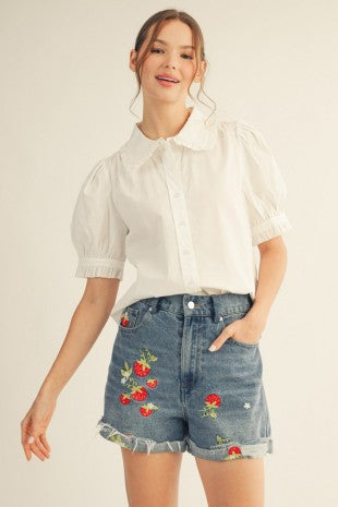 Elastic Back Strawberry Embroidered Denim Shorts