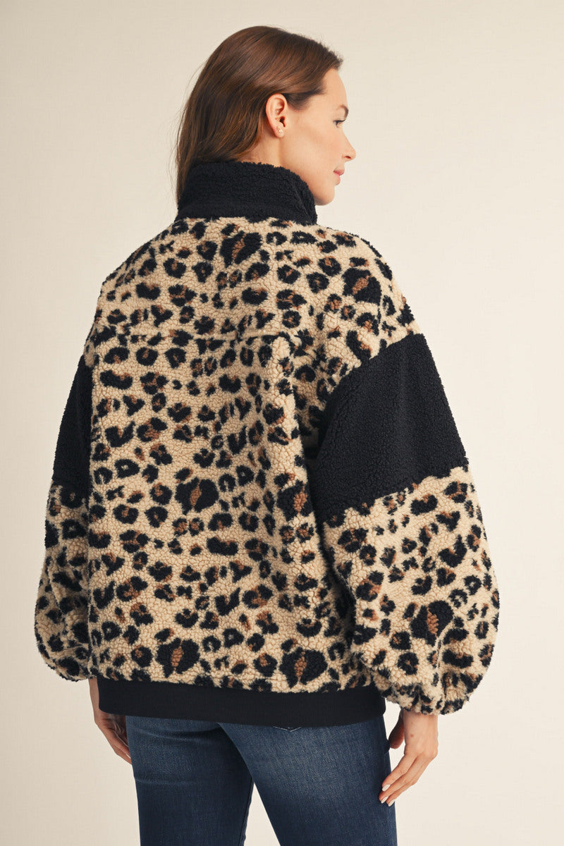 1/4 Snap Leopard Print Pullover Sherpa Jacket