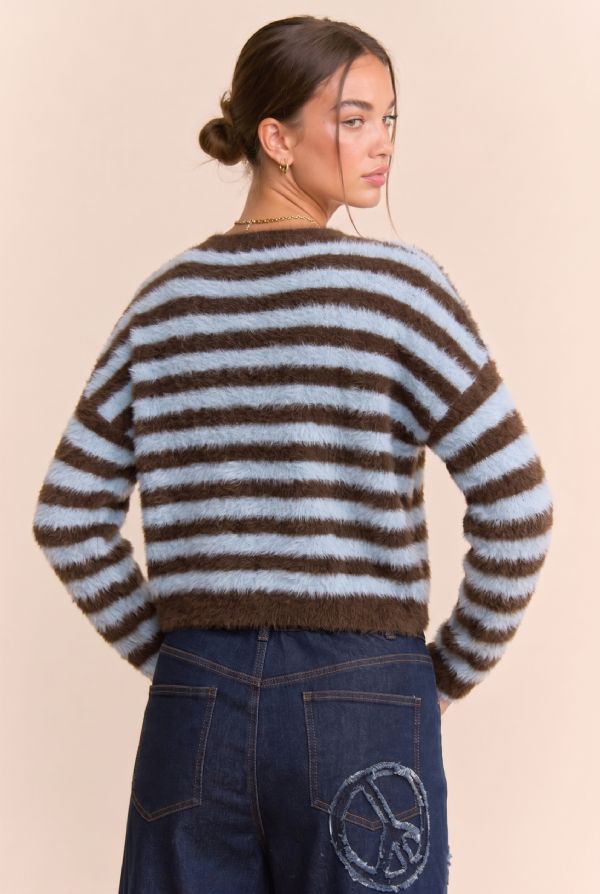 Striped Fuzzy Knit Button Front Cardigan