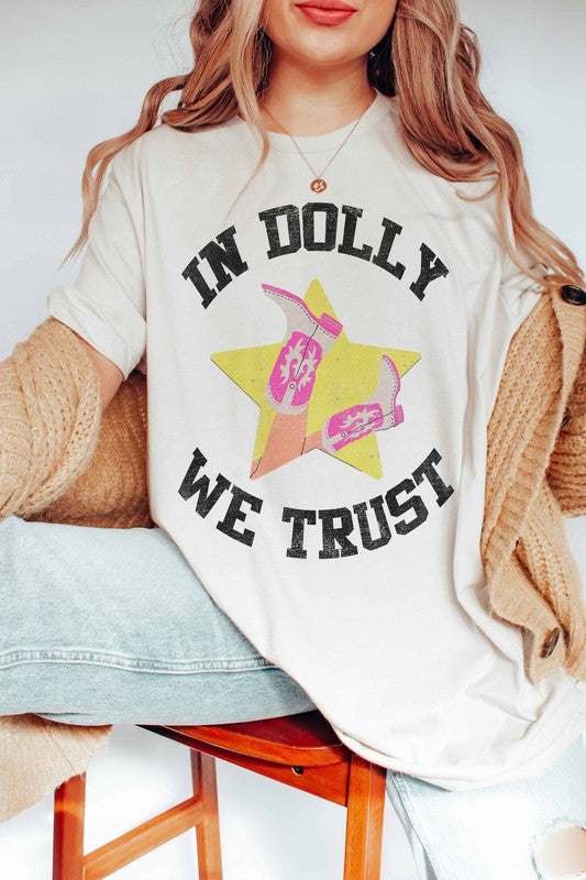 "In Dolly We Trust" Cowboy Boots Unisex T-Shirt (White)