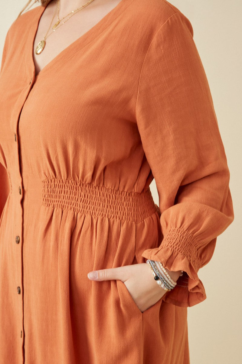 Smock Waist Detail Button Front Long Sleeve Dress (Plus Size) – In Pursuit  Mobile Boutique