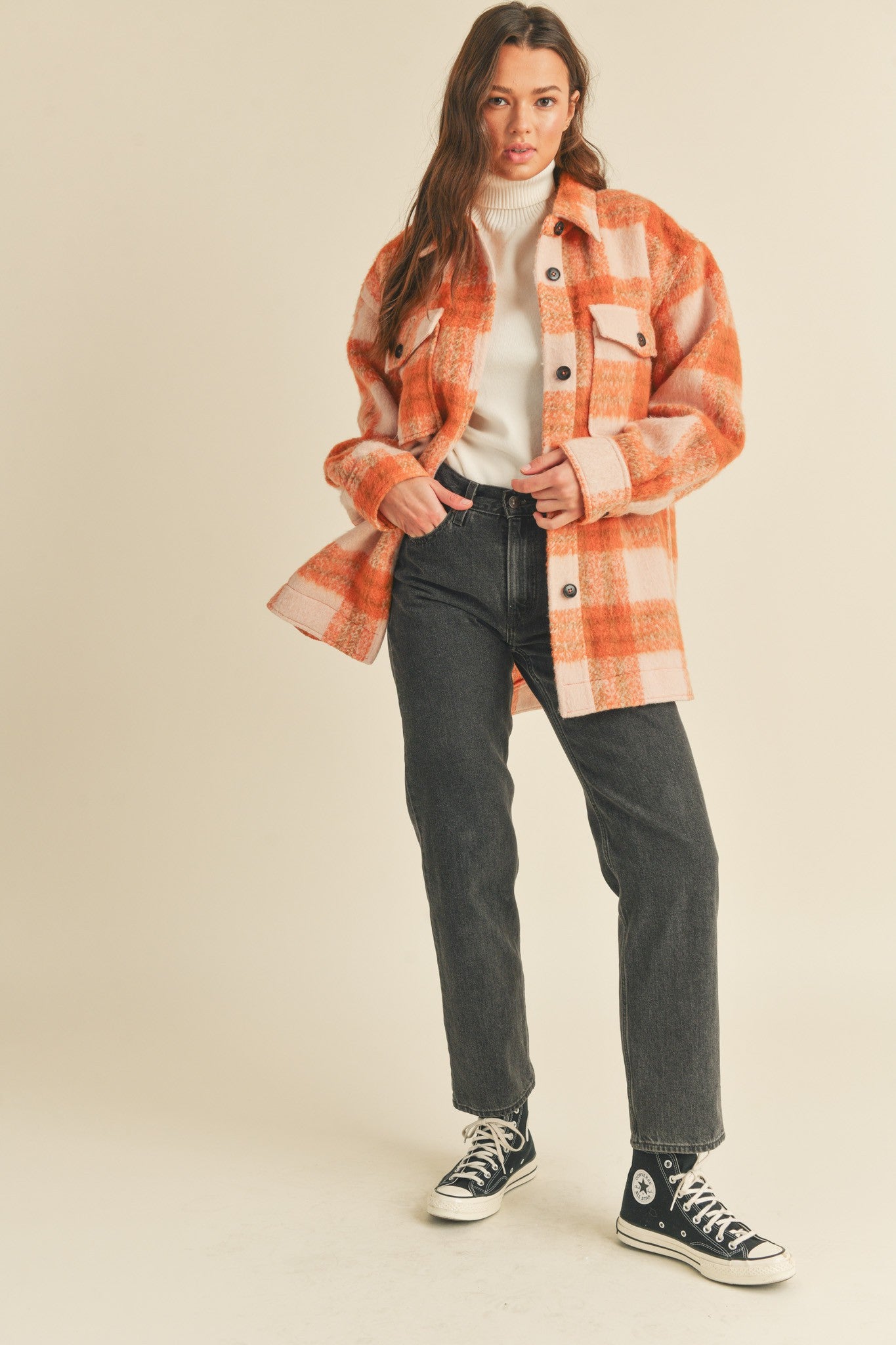 Brushed Plaid Shacket (Orange Mix)