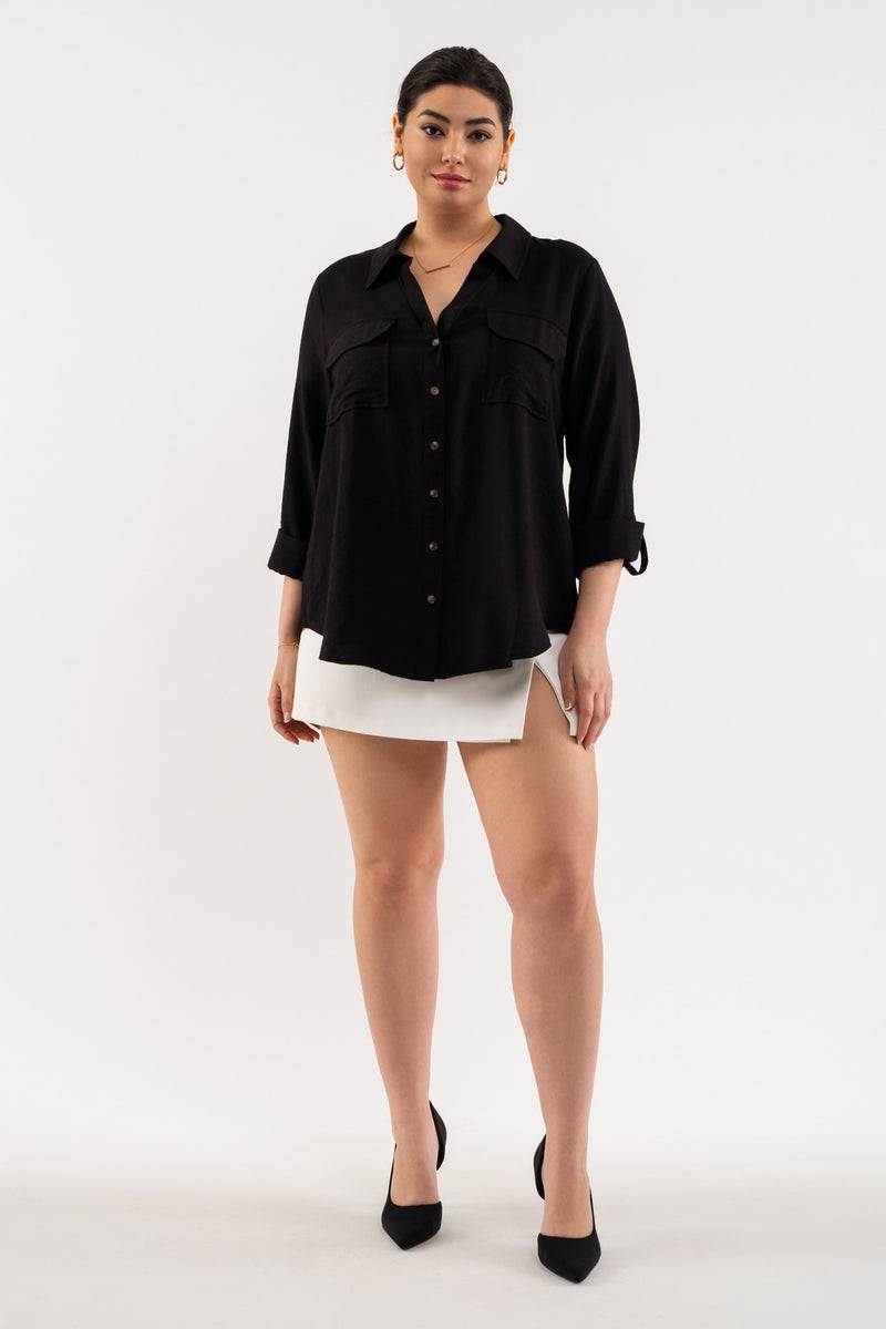 Front Pocket Collared Blouse (Plus Size - Black)