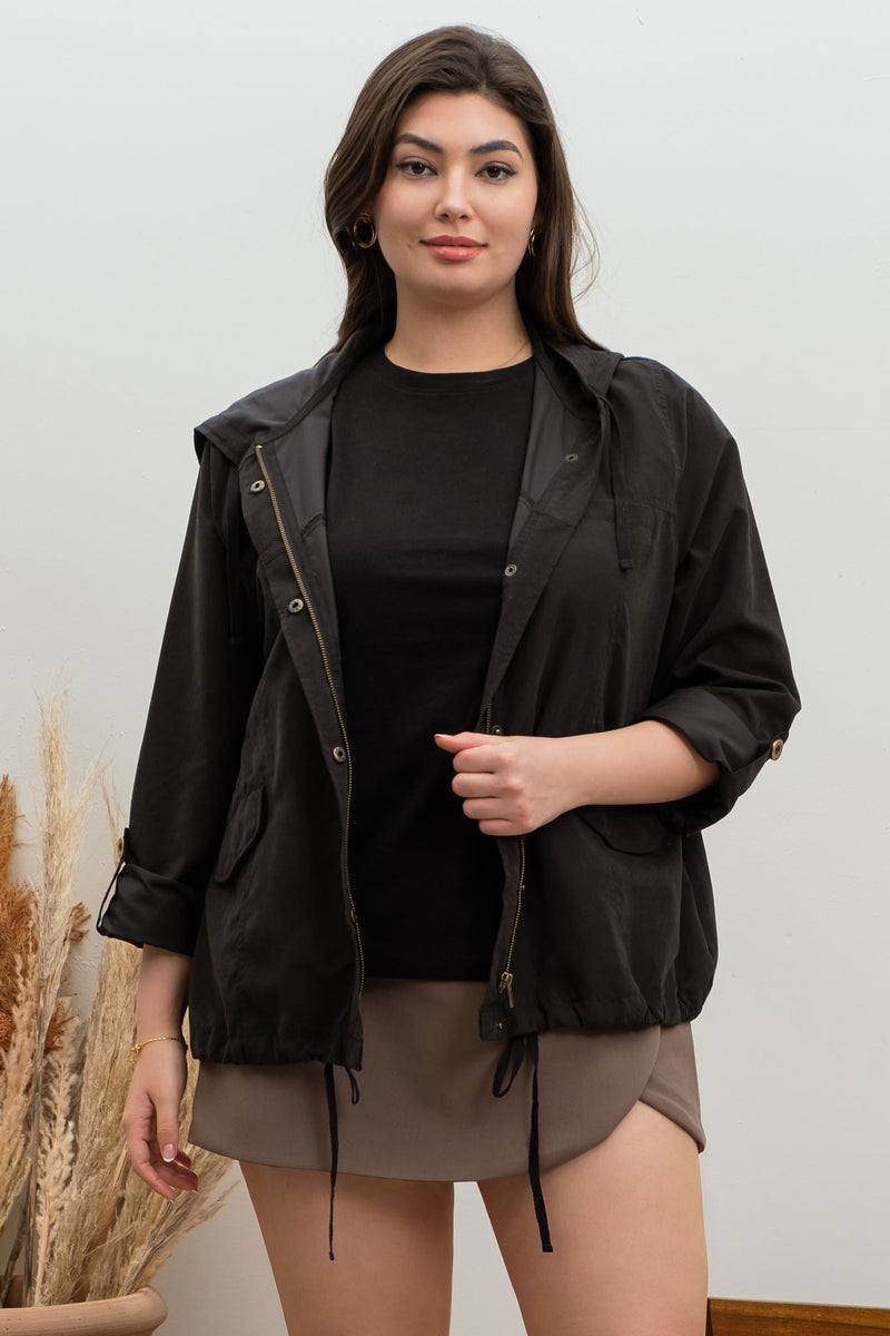 Zip Front Lightweight Hooded Jacket (Plus Size - Black)