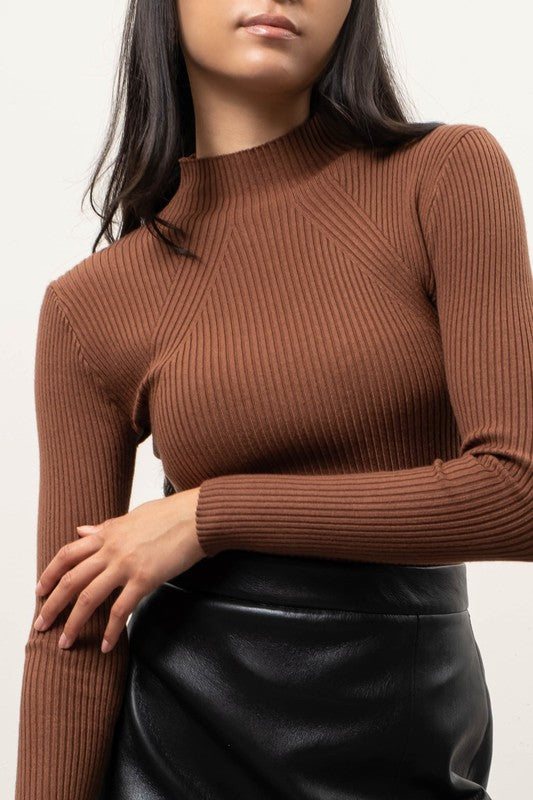 Mock Neck Rib Knit Sweater (Brown) – In Pursuit Mobile Boutique