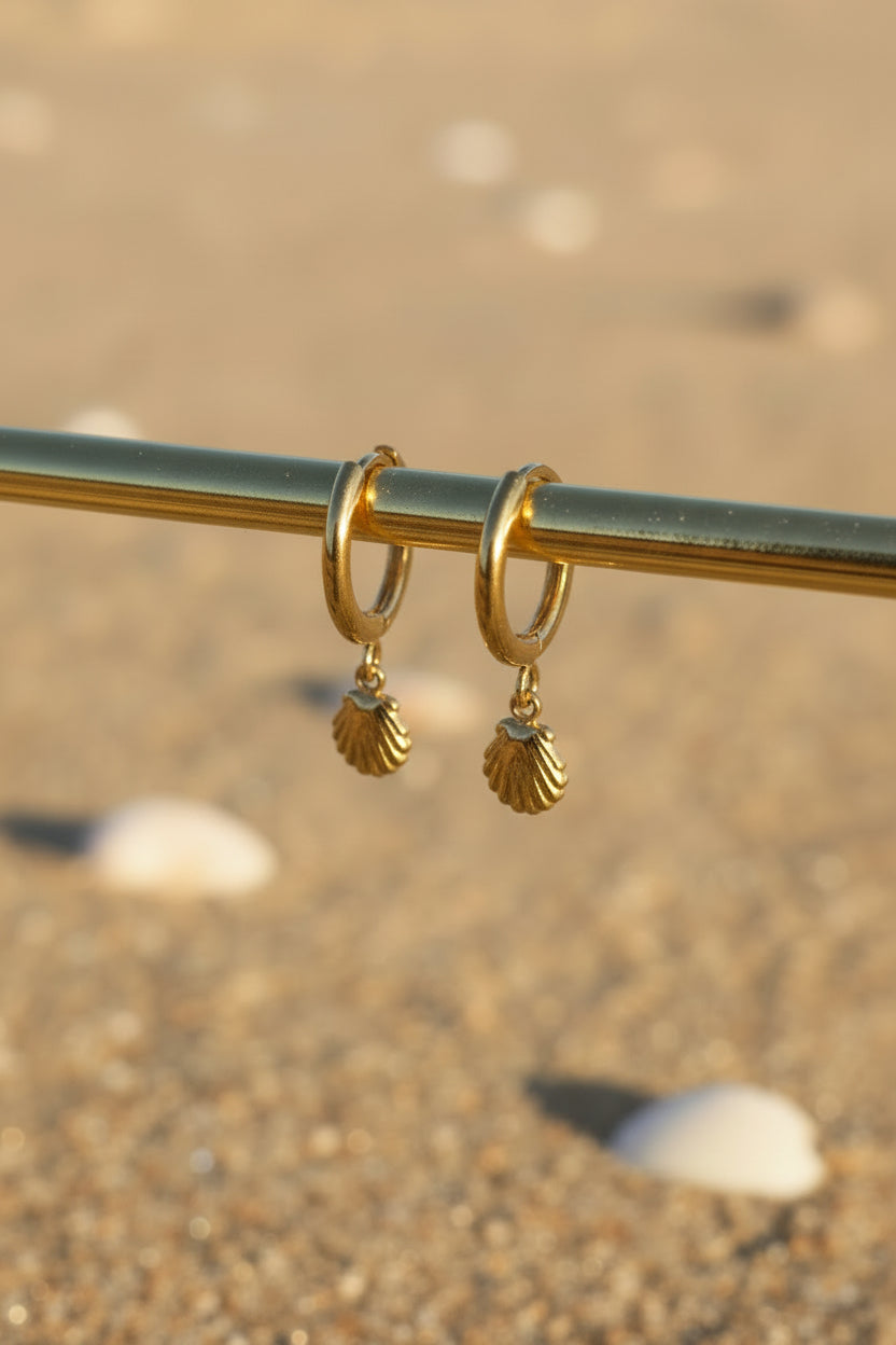 Stainless Steel Small Seashell Dangle Hoop Earrings