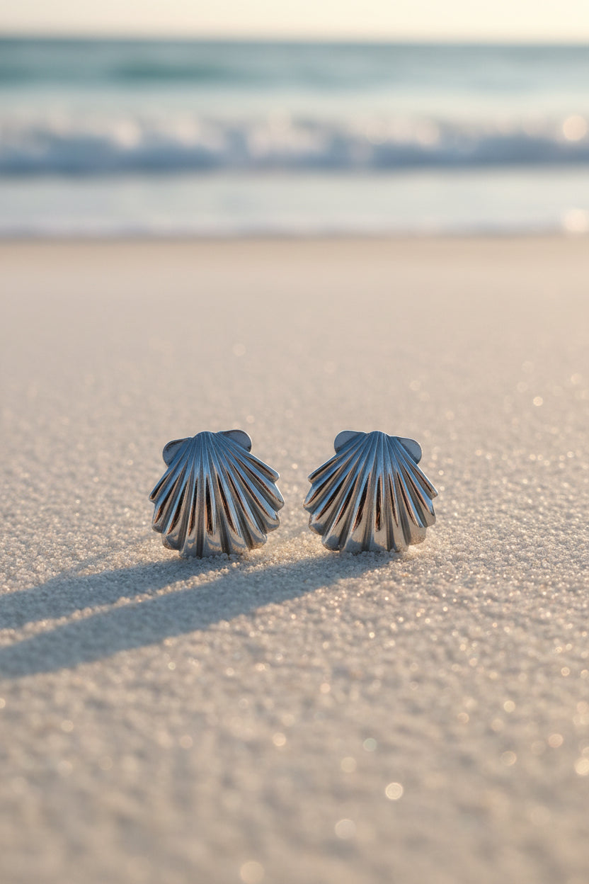 Stainless Steel Medium Seashell Studs (Silver)