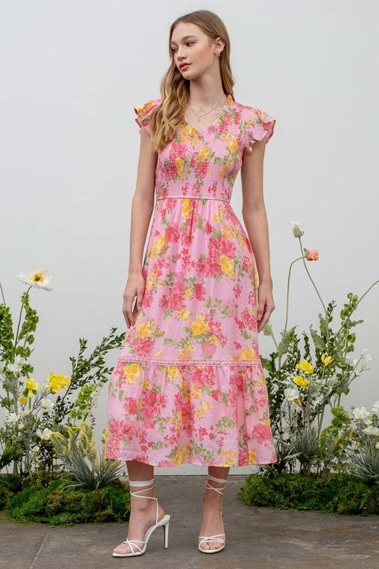 Floral Scoop Neck Smocked Midi Dress (Pink)