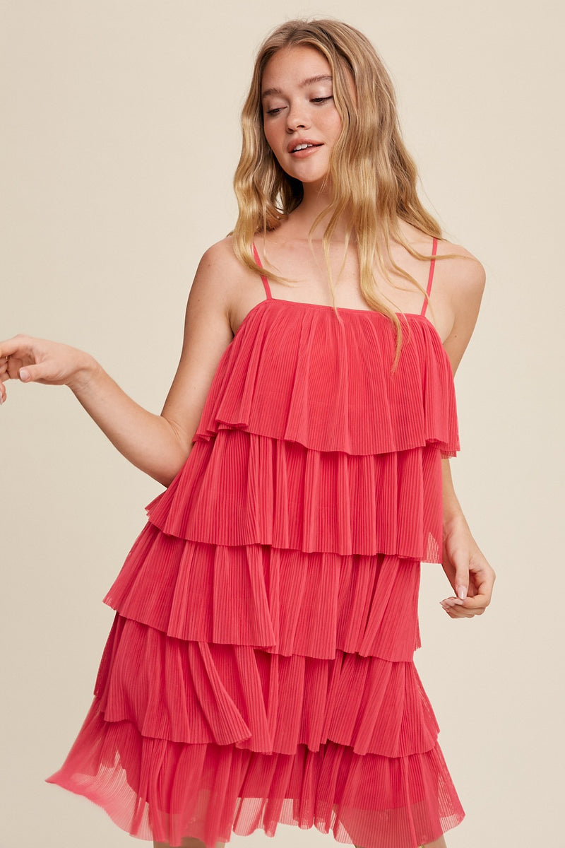 Ruffle Tulle Layered Mini Dress (Hot Pink)