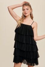 Ruffle Tulle Layered Mini Dress (Black)