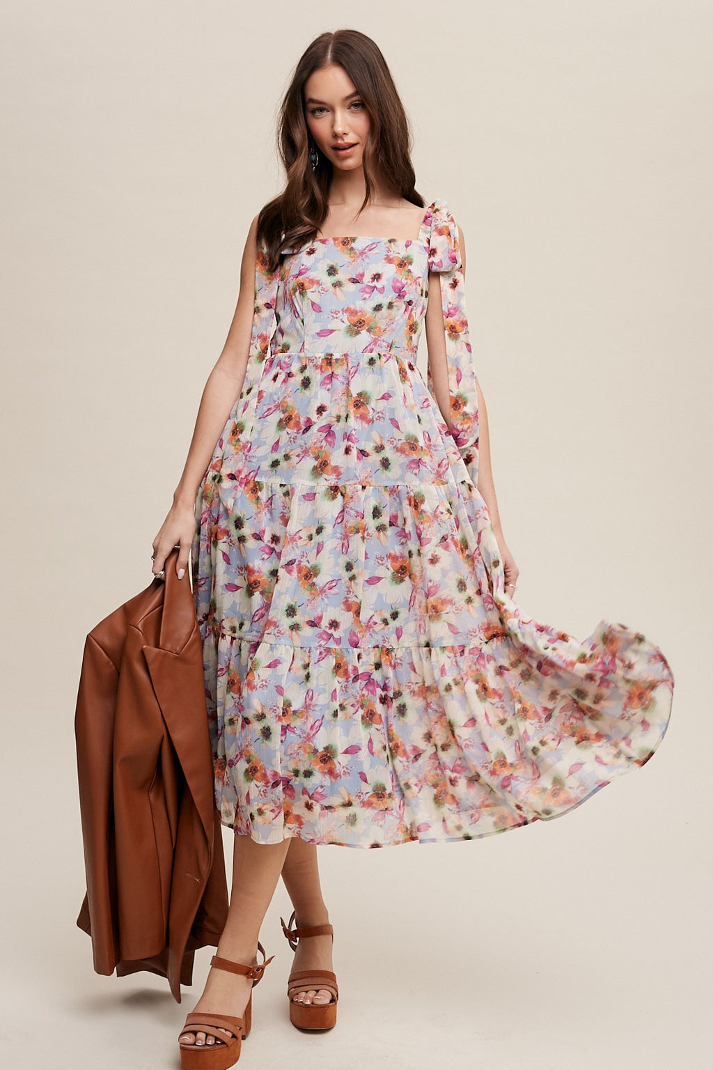 Floral Print Tie Shoulder Babydoll Maxi Dress