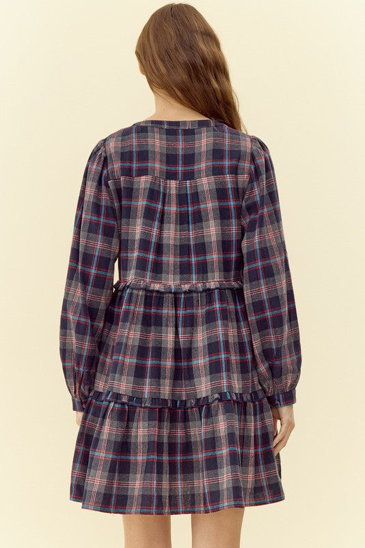 Checkered Tiered Dress w/ Pockets (Navy)