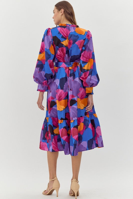 Abstract Print Bishop Sleeve Midi Dress (Royal Mix)