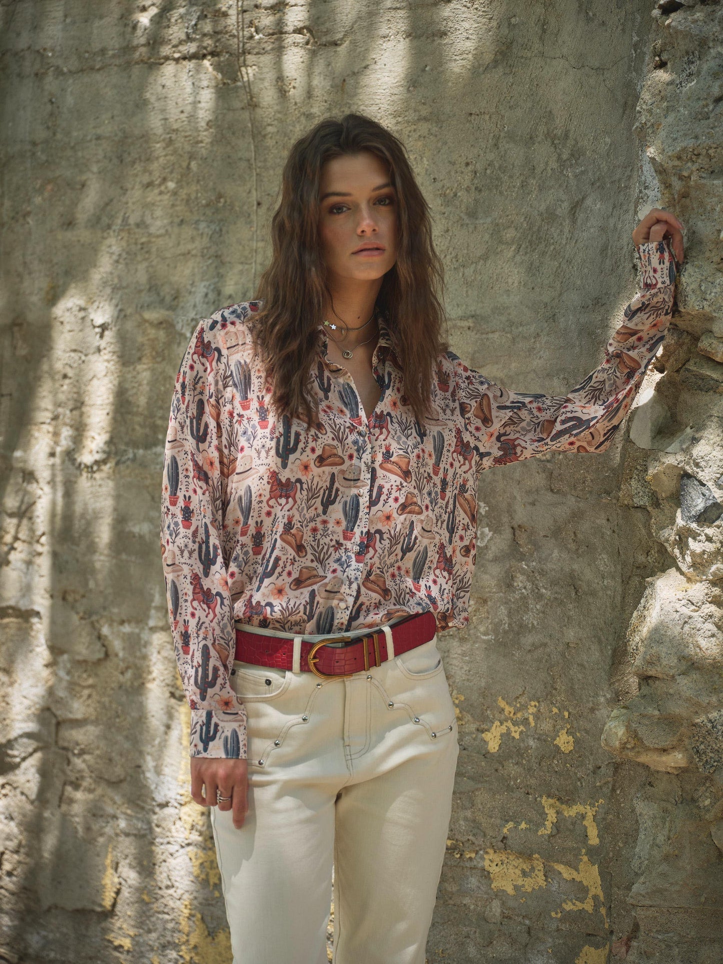 Chiffon Western Print Button Up Blouse