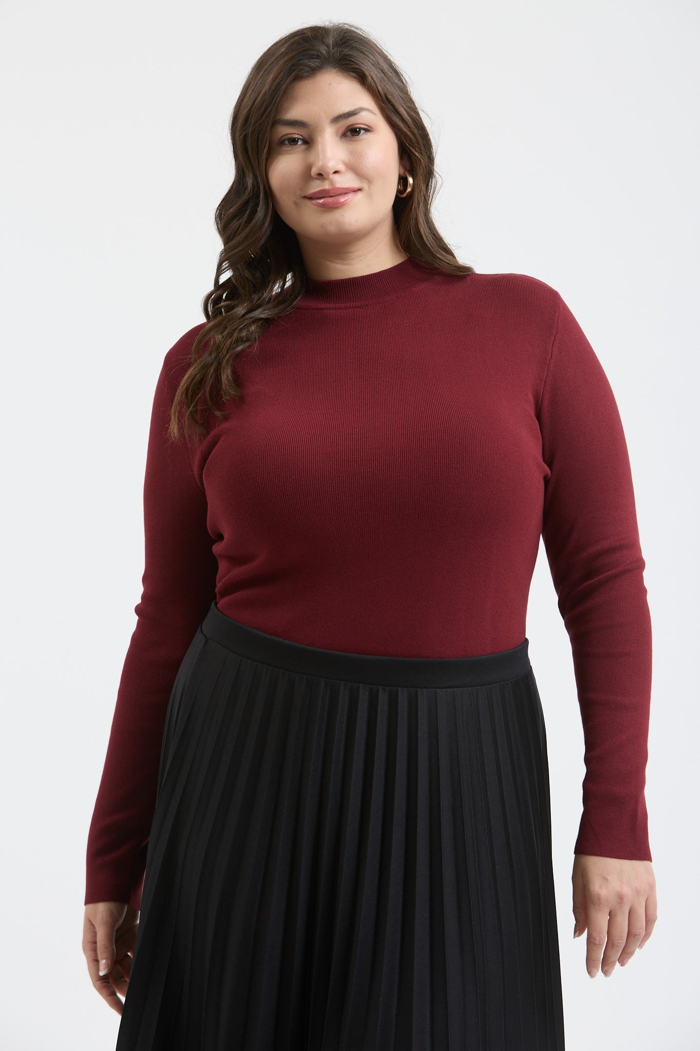Mock Neck Long Sleeve Lightweight Sweater (Plus Size Oxblood