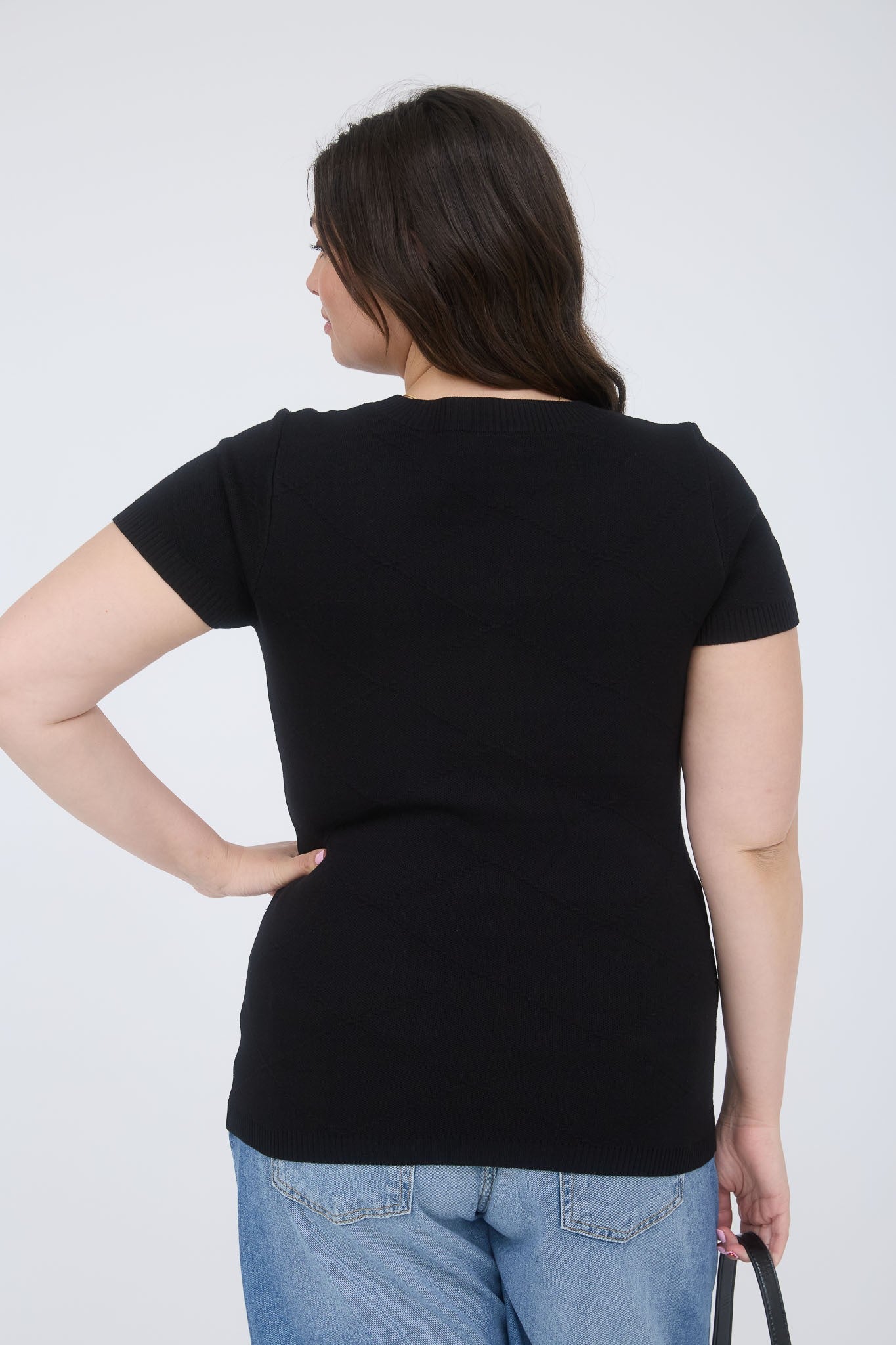 Bow Detail Crew Neck Short Sleeve Sweater (Black - Plus Size)