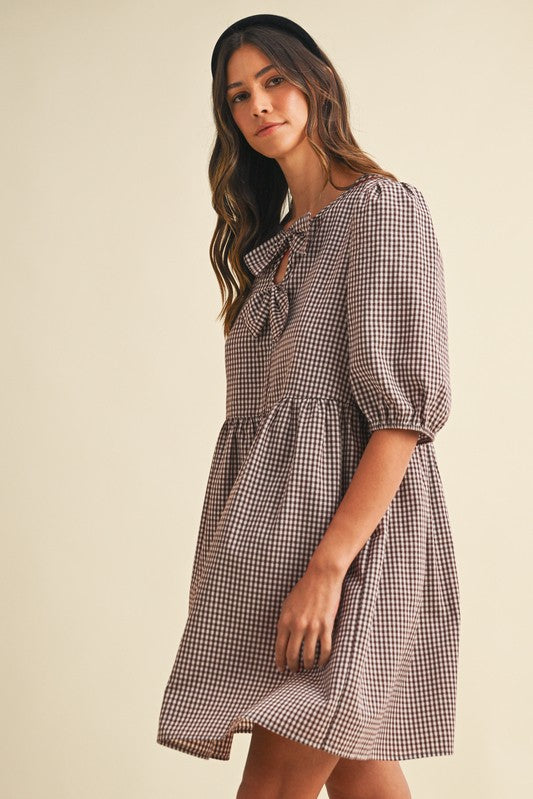 Fall Gingham Bow Detail Puff Sleeve Dress