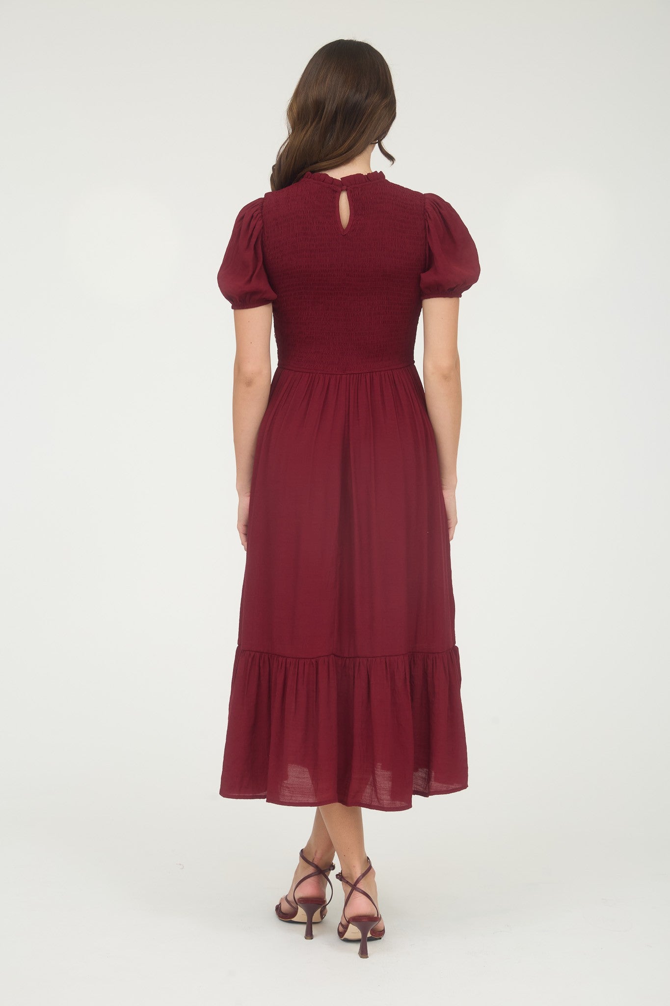 Contrast Stitching Puff Sleeve Midi Dress