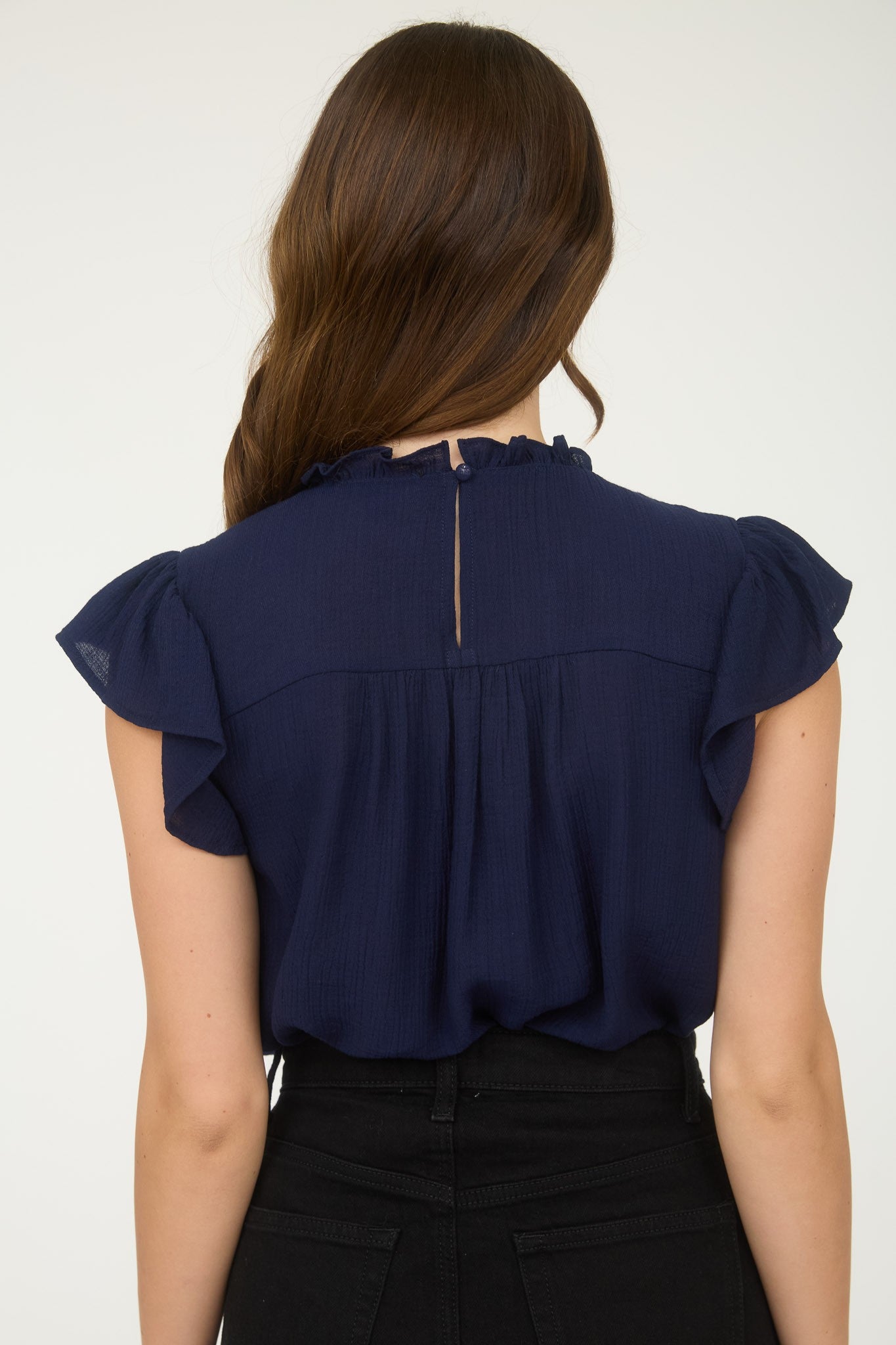 Crochet Trim Ruffle Neck Blouse