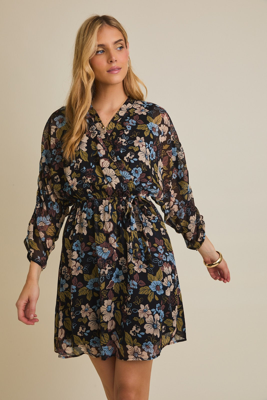 3/4 Ruched Sleeve Floral Print Dress (Plus Size)