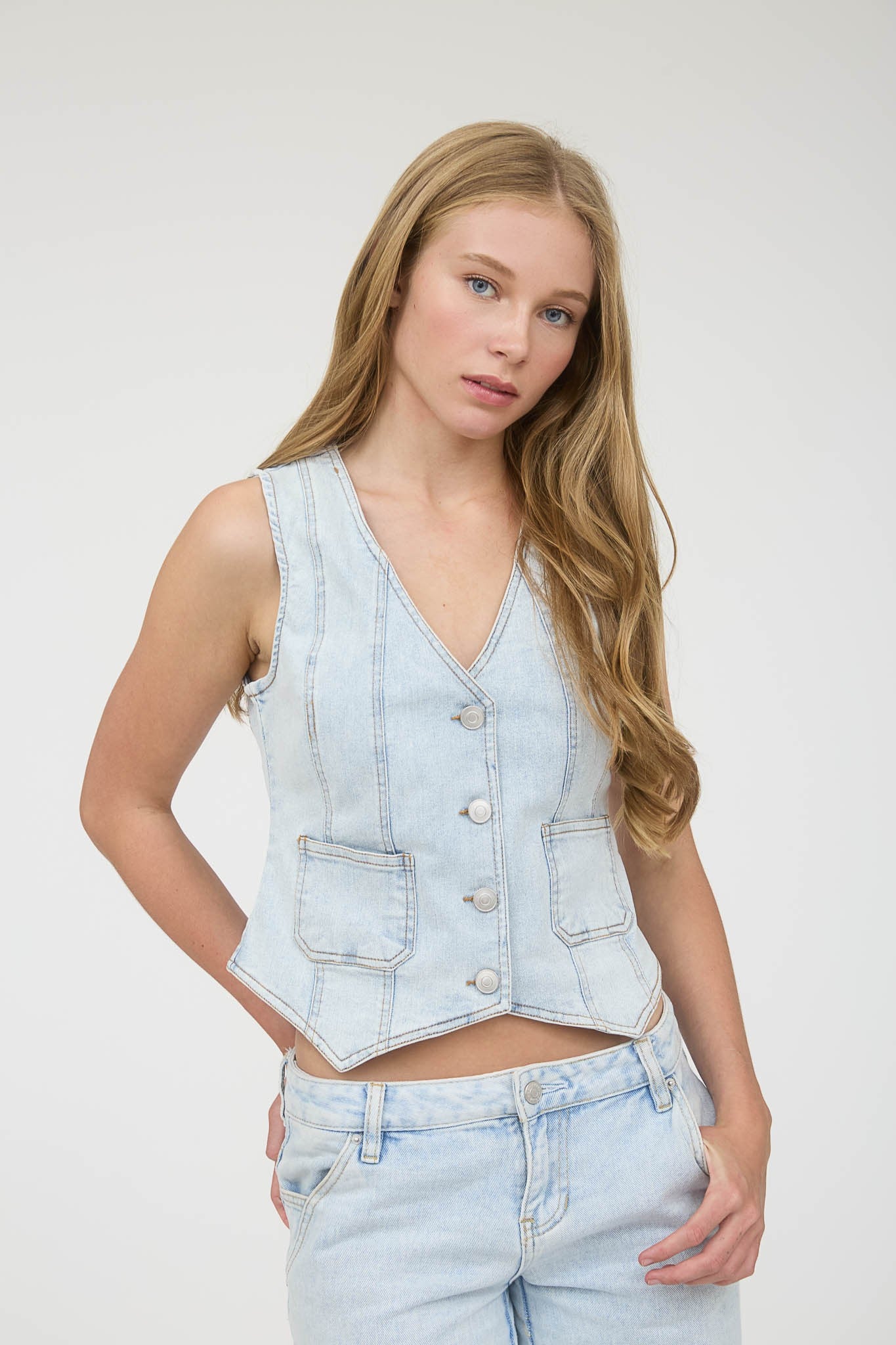 V-Neck Button Front Denim Vest (Light Denim)