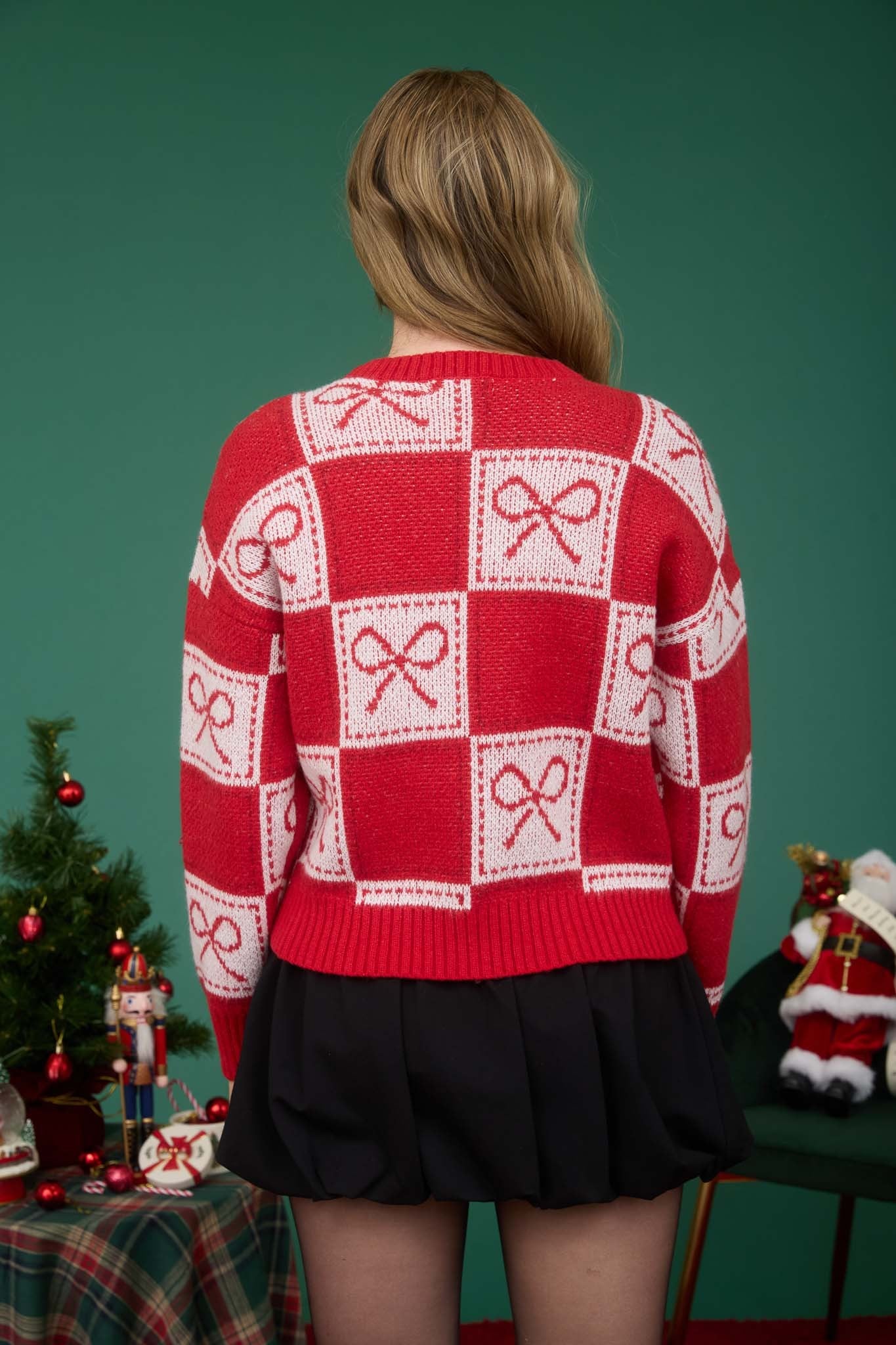 Checkered Bow Jacquard Knit Sweater