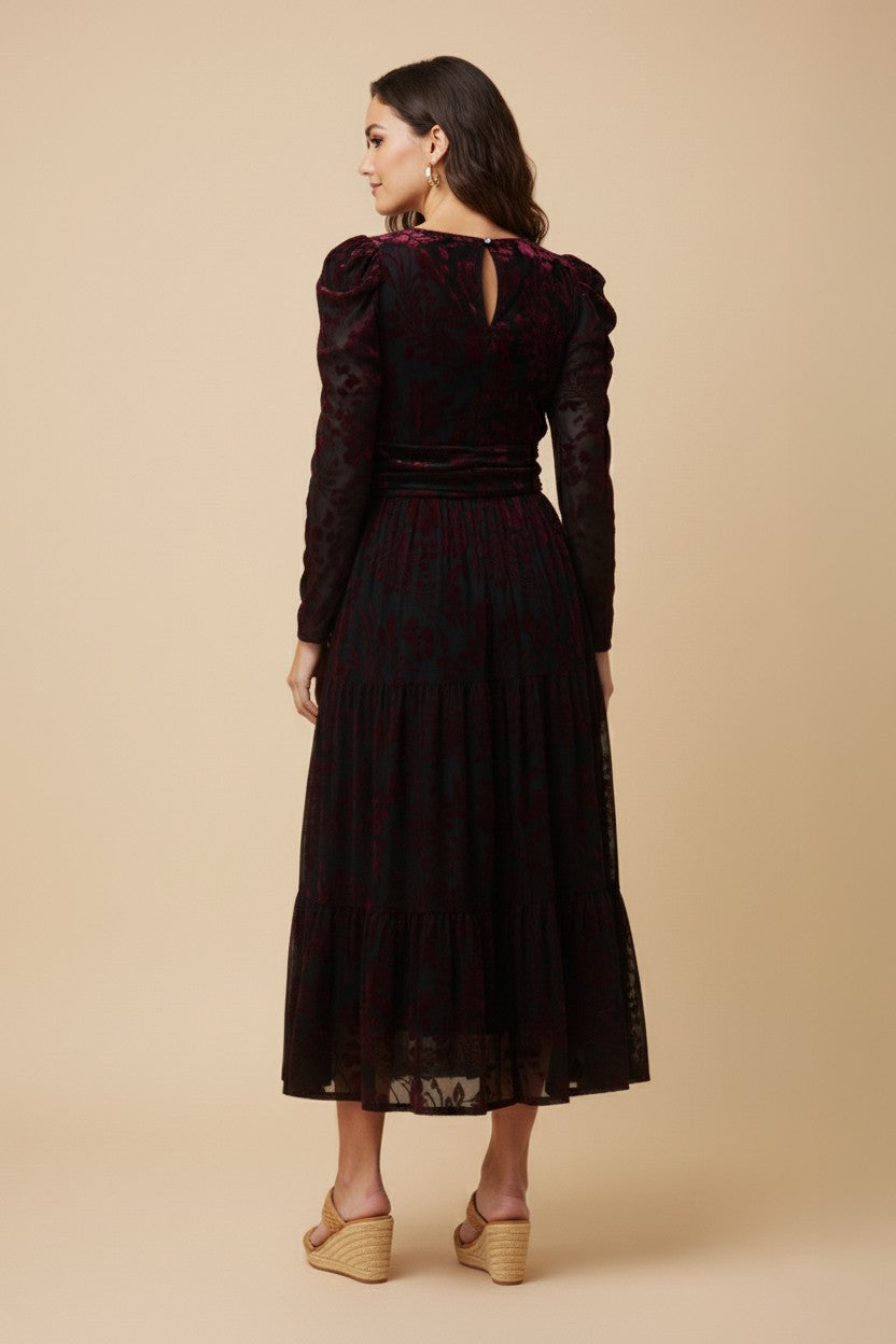Burgundy Floral Velvet Midi Dress