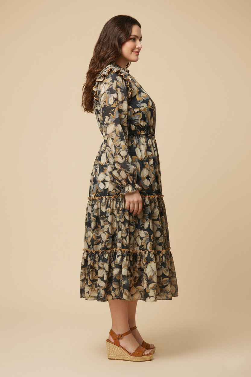 Ruffle Shoulder Long Sleeve Midi Dress (Plus Size)