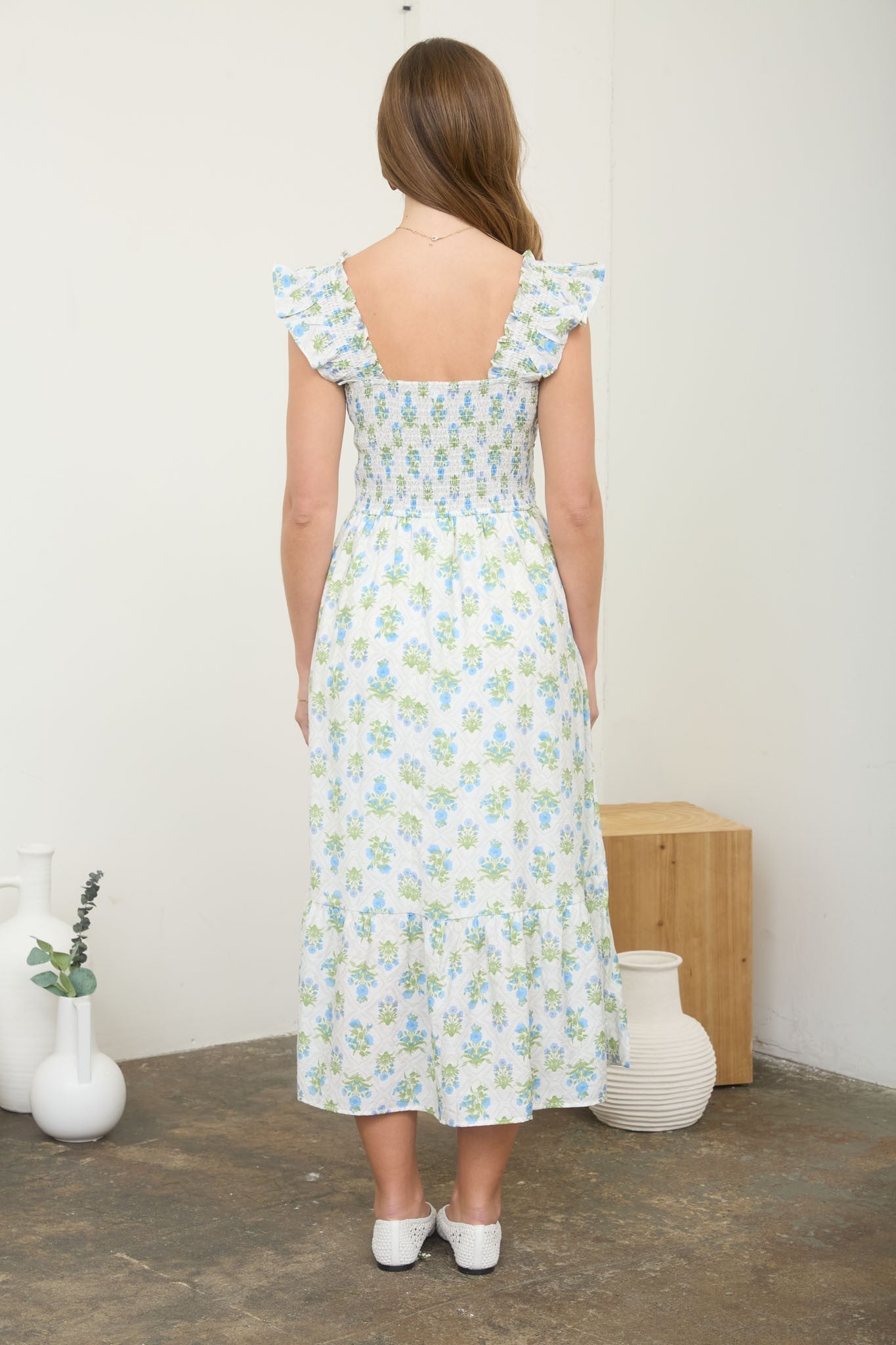Floral Tile Print Smocked Midi Dress (Blue - S - 3XL)