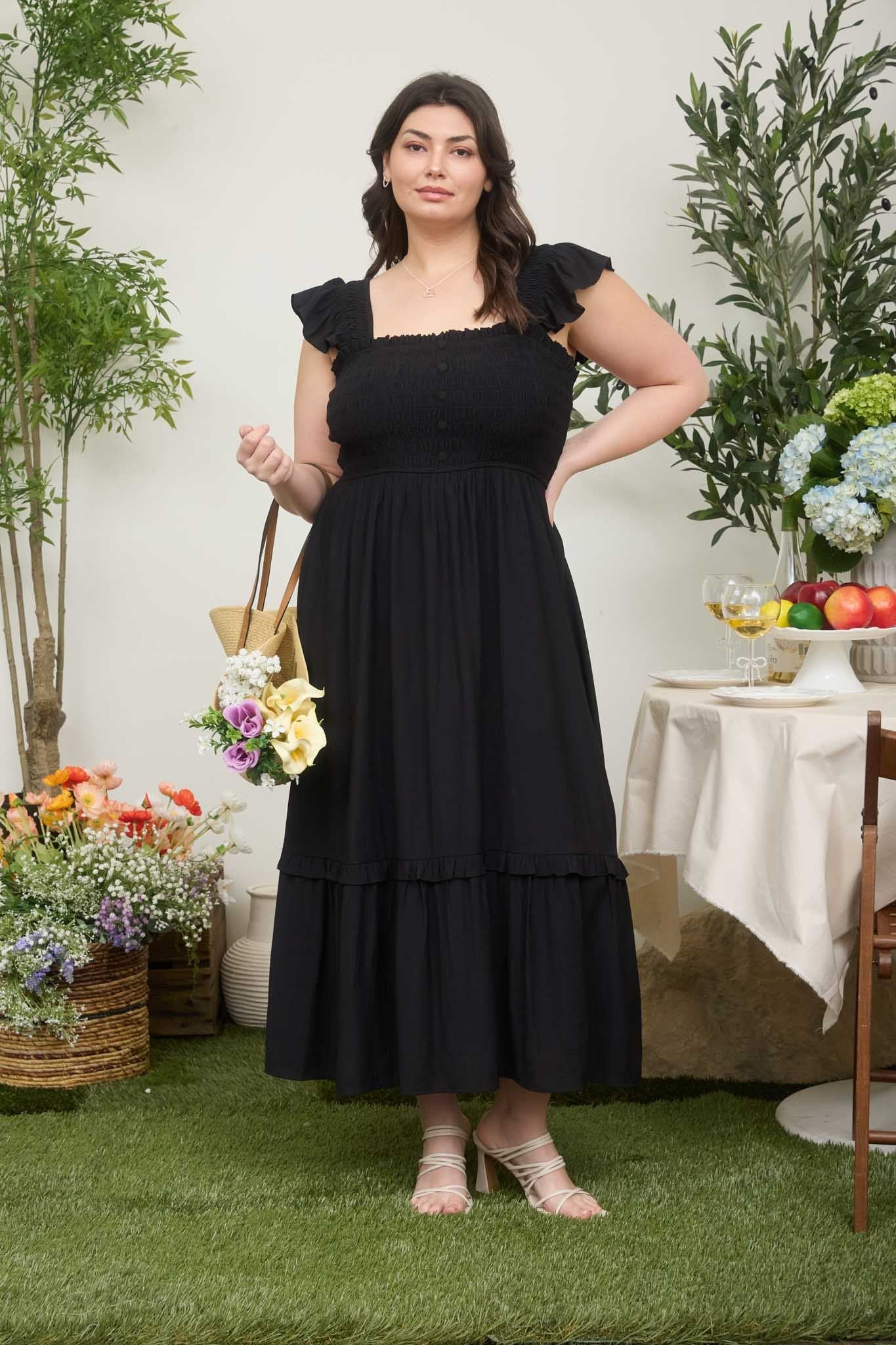 Ruffle Strap Smocked Top Midi Dress (1X - 3X)