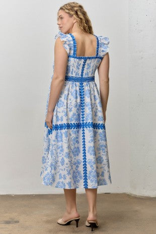 Printed Smocked Bodice Ruffle Strap Midi Dress (1X - 3X)