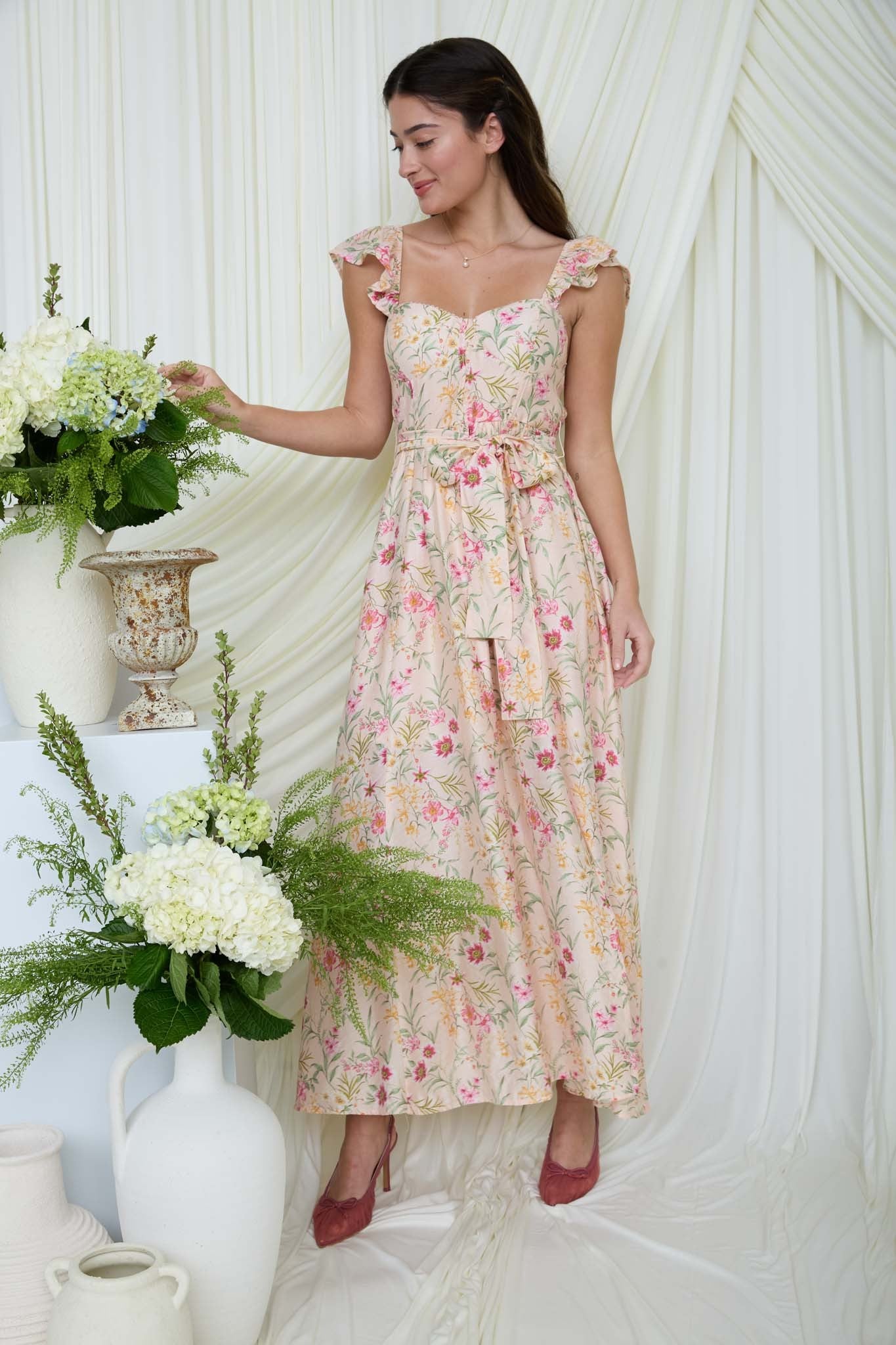 Light Peach Floral Print Corset Top Midi Dress