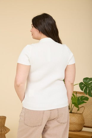 Collared Short Sleeve Ribbed Sweater (XL - XXXL)
