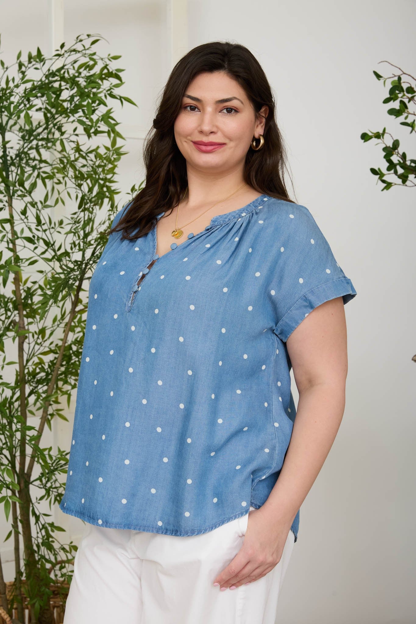 Short Sleeve Polka Dot Chambray Top (1X - 3X)
