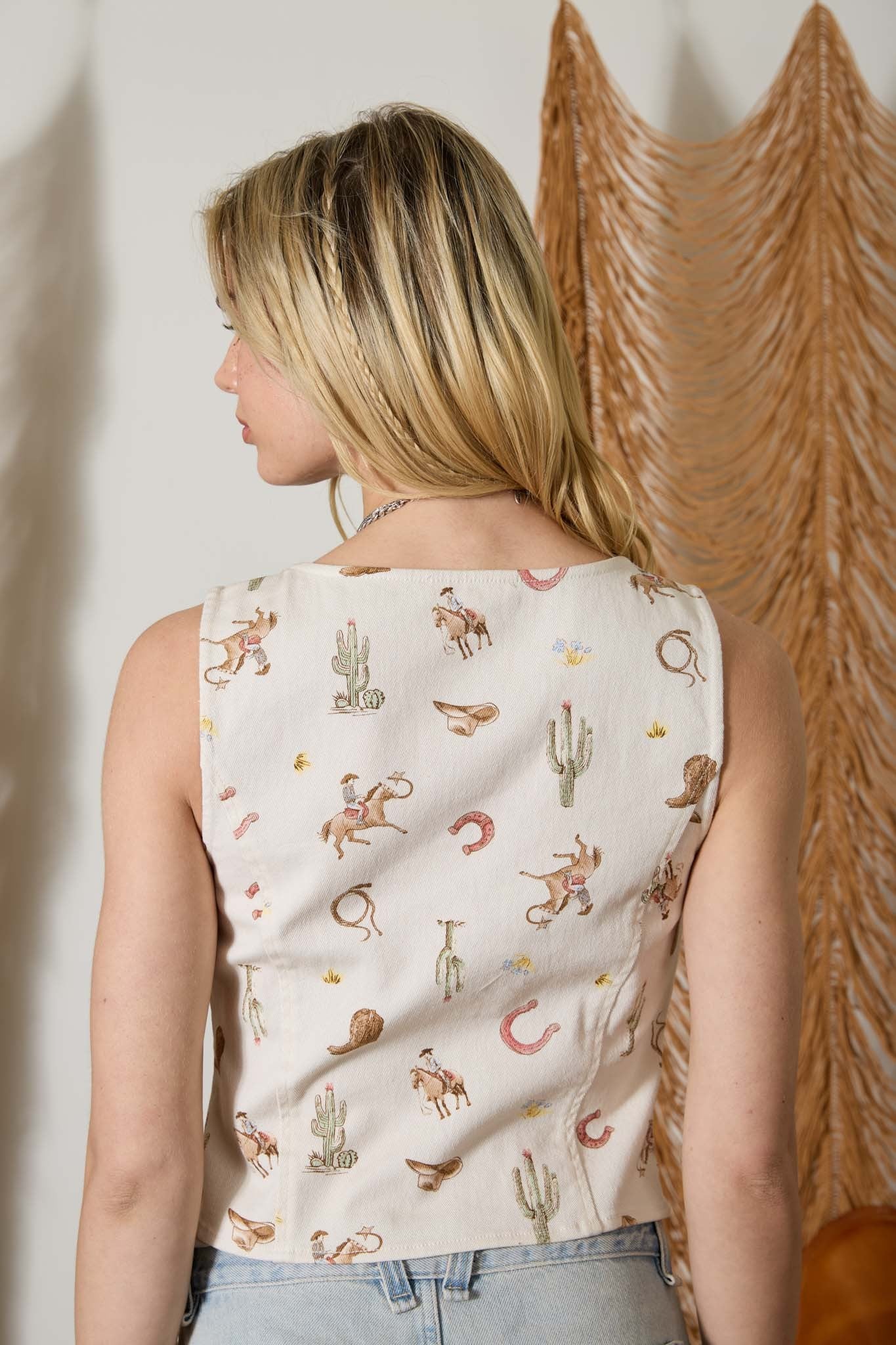 Western Theme Printed Denim Vest