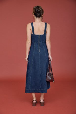 Sweetheart Neckline Sleeveless Denim Midi Dress