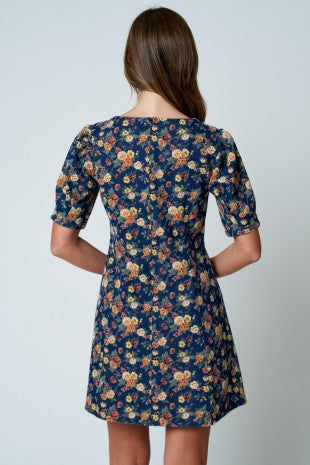 Floral Puff Sleeve Seam Detail Denim Dress