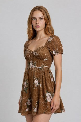 Floral Stripe Sweetheart Neckline Smocked Back Mini Dress