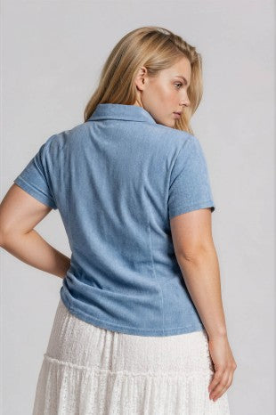 Collared Button Front Denim Short Sleeve Top (1X - 3X)