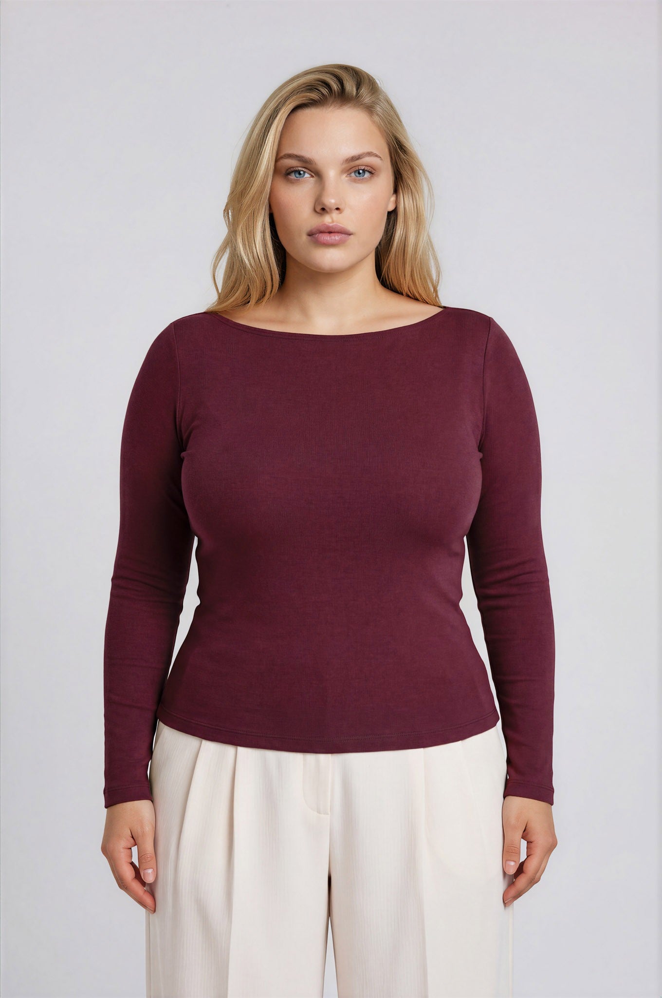 Boat Neck Long Sleeve Top (Maroon | XL - XXL)