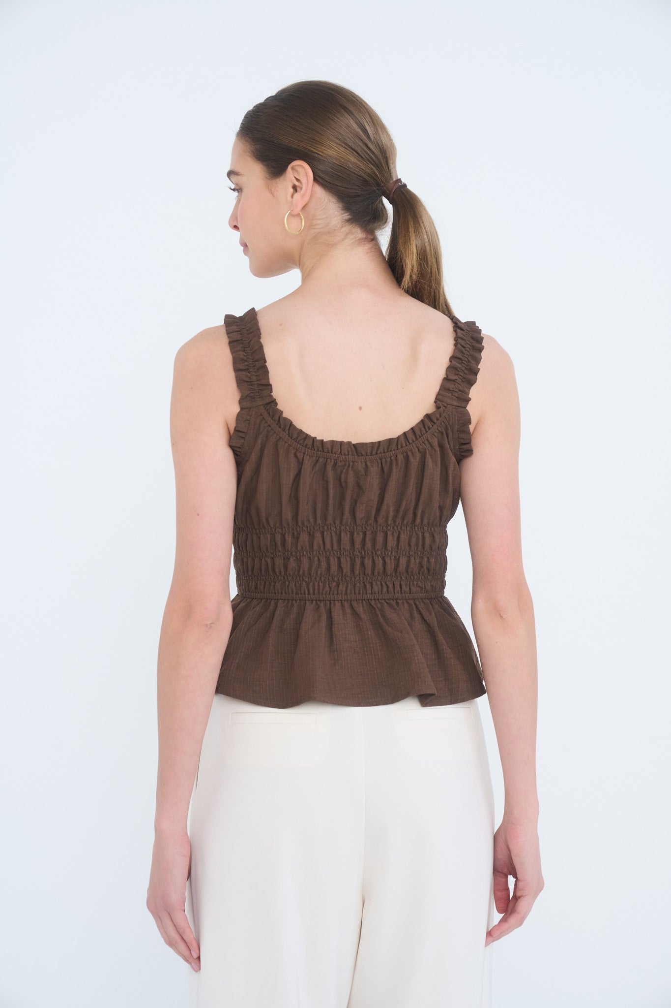 Ruffle Front Tie Shirred Waist Tank Top