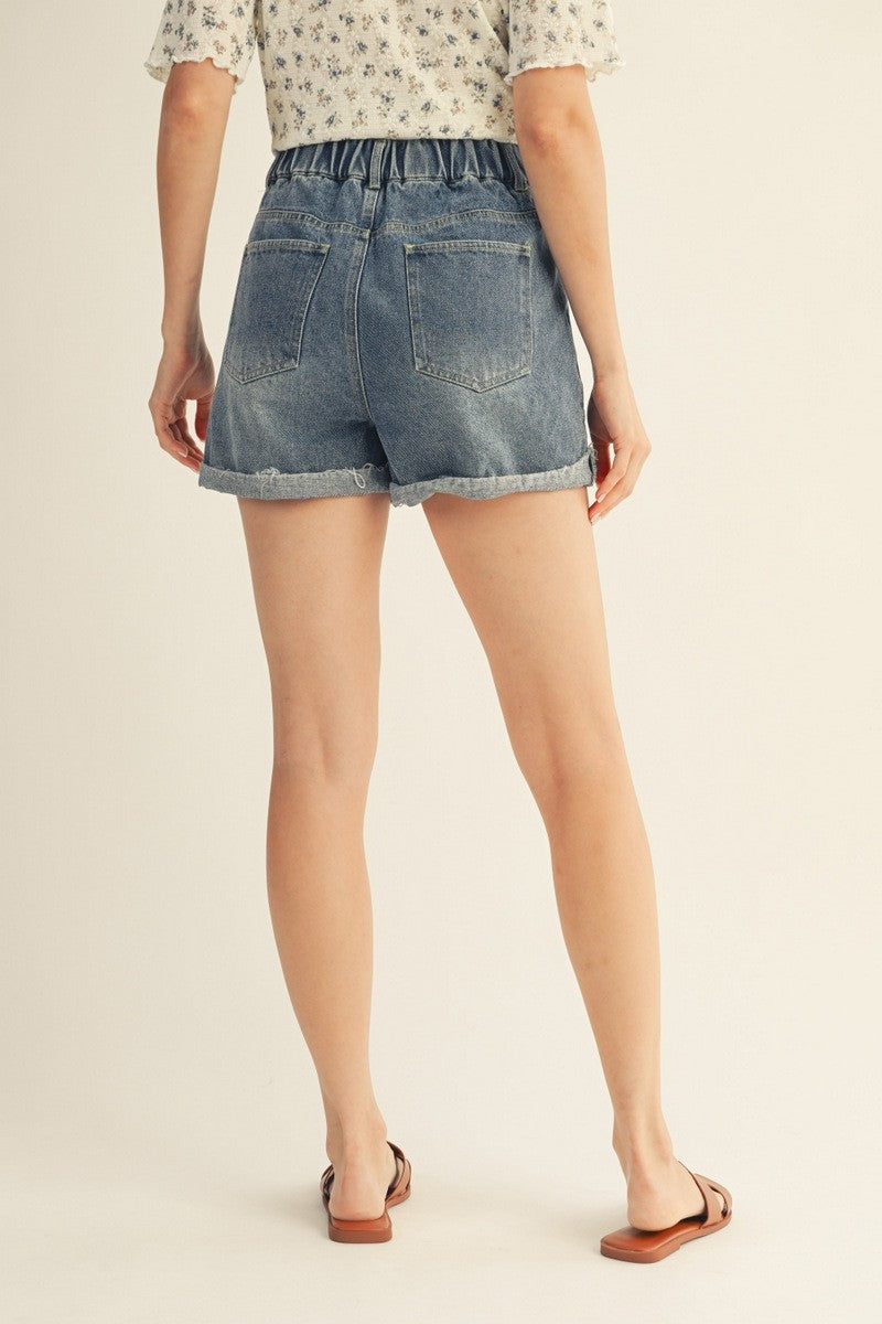 Distressed Hem Washed Denim Shorts
