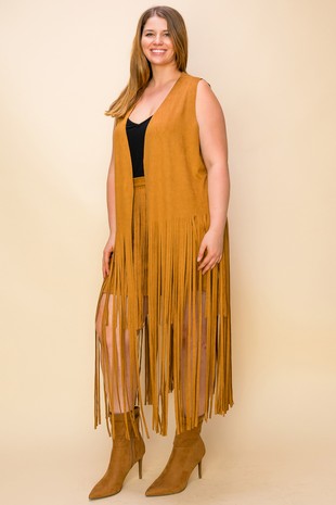 Cowgirl Long Fringe Vest (Camel - 1X - 3X)