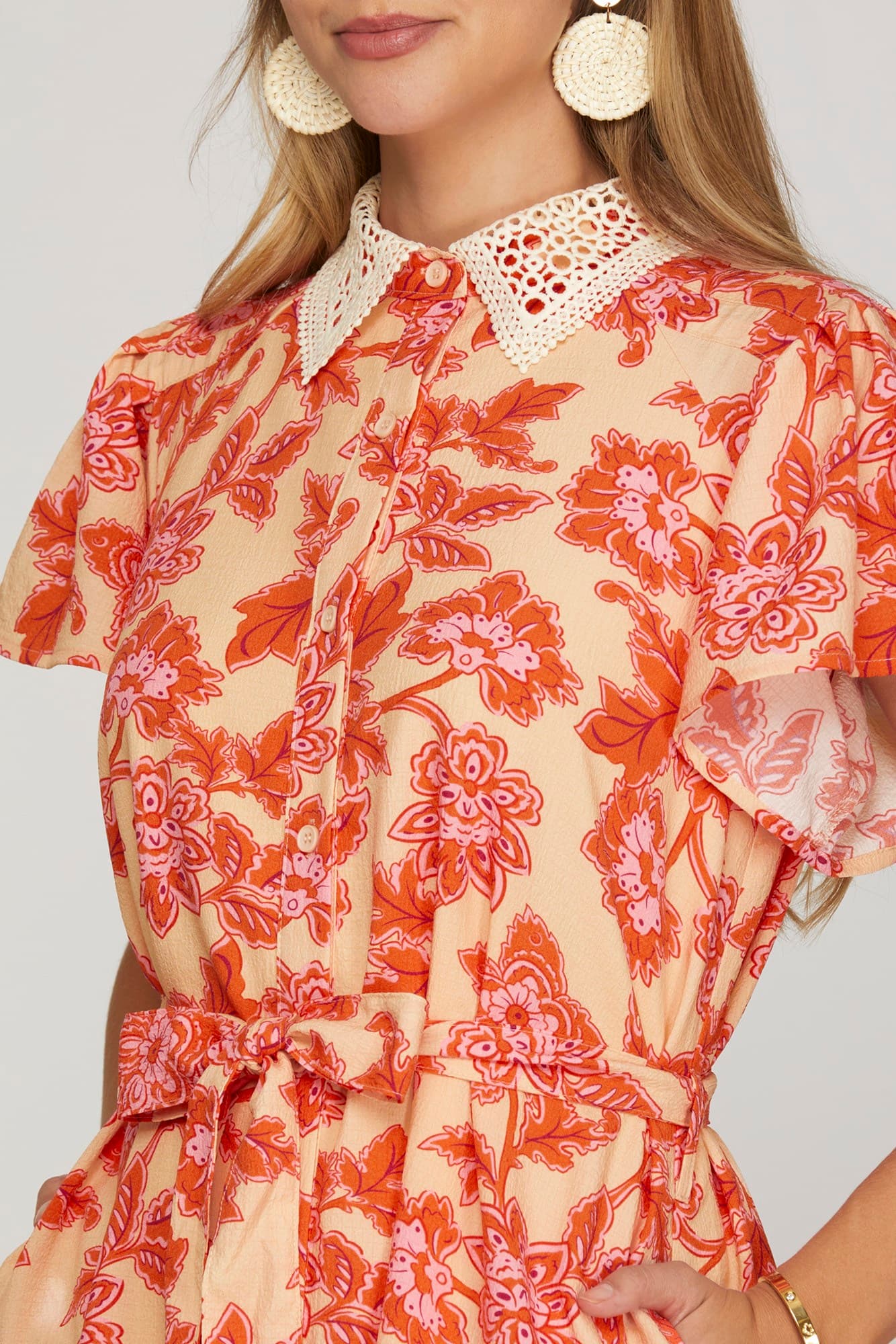 Lace Collar Button Down Flutter Sleeve Dress