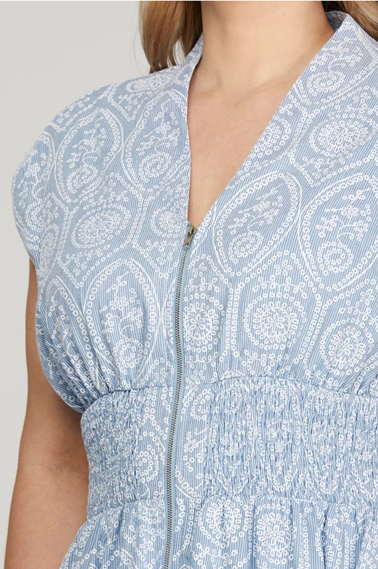 Smocked Waist Zipper Front Eyelet Pattern Midi Dress (XL - 2XL)