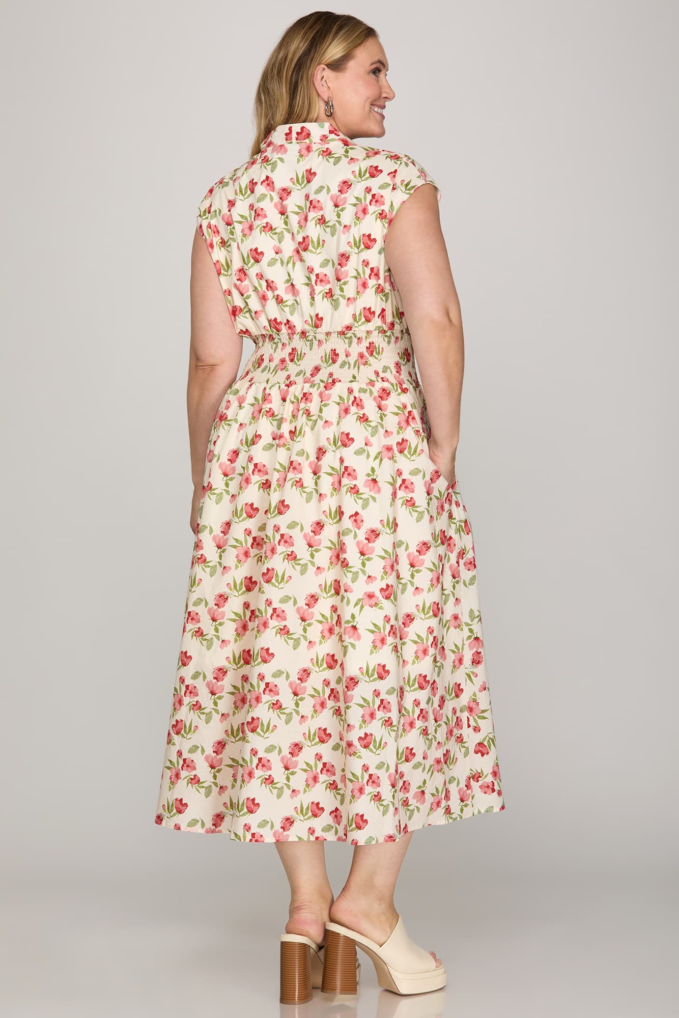 Smocked Waist Front Zip Midi Dress w/ Pockets (XL - 2XL)