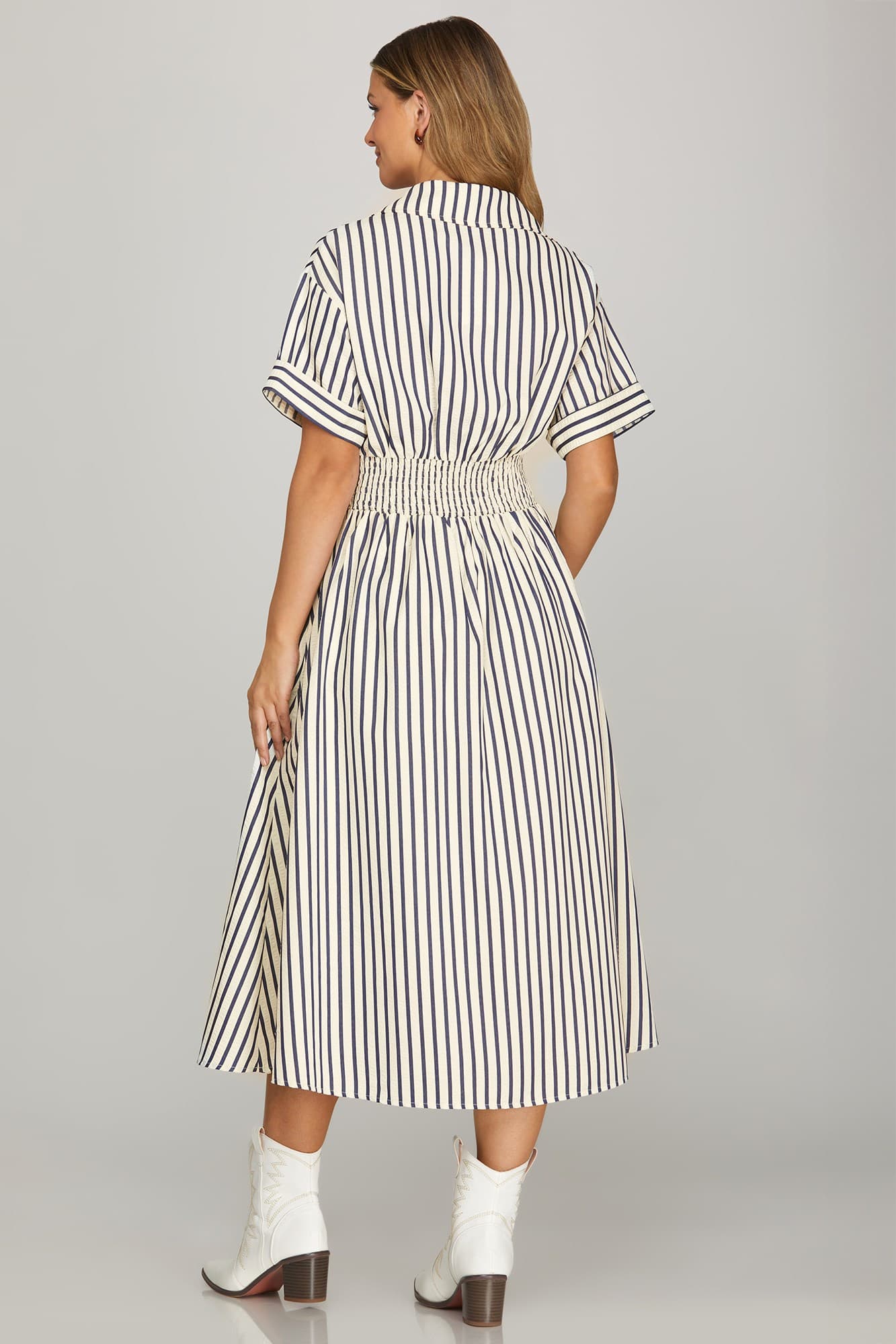 Short Sleeve Smocked Waist Navy Stripe Midi Dress (S - 2XL)