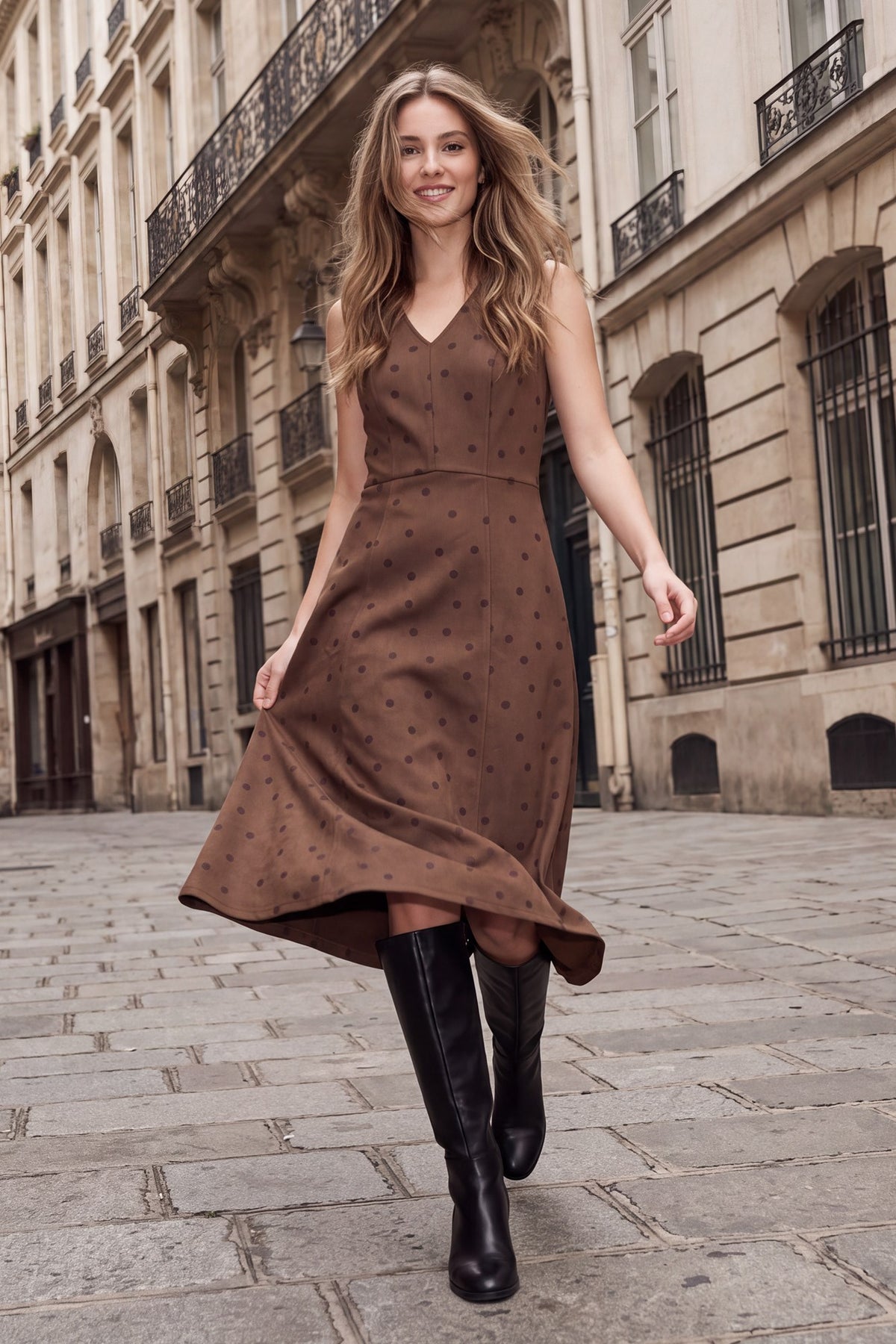 Faux Suede Polka Dot Sleeveless Midi Dress