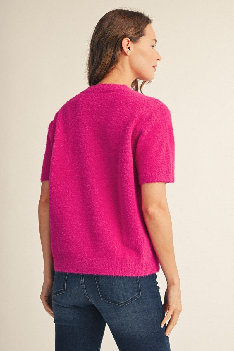 Short Sleeve V-Neck Fuzzy Cardigan
